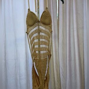 Tan Crochet One-Piece Swimsuit